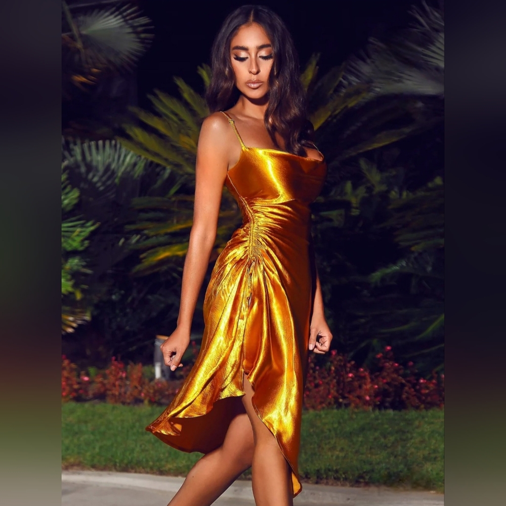 Miss Circle Montego Gold Satin Side Slit Dress Size L